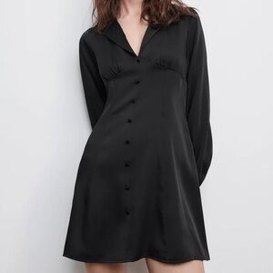 Zara Satin Effect Black Long Sleeve Collared Button Mini Dress